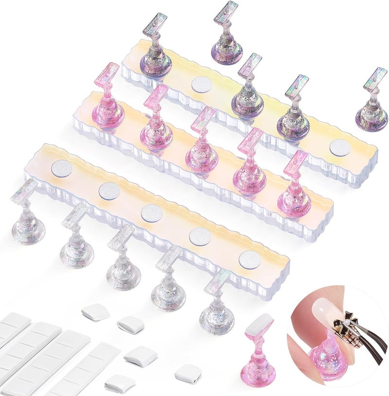 Etercycle 2 Set Nail Holder for Display Painting Nails - Aurora Acrylic Magnetic Practice Nail Stand Set - Fake Nail Holder for Press On Nails with Reusable Adhesive Putty (Pink+Black+Clear) - Image 1